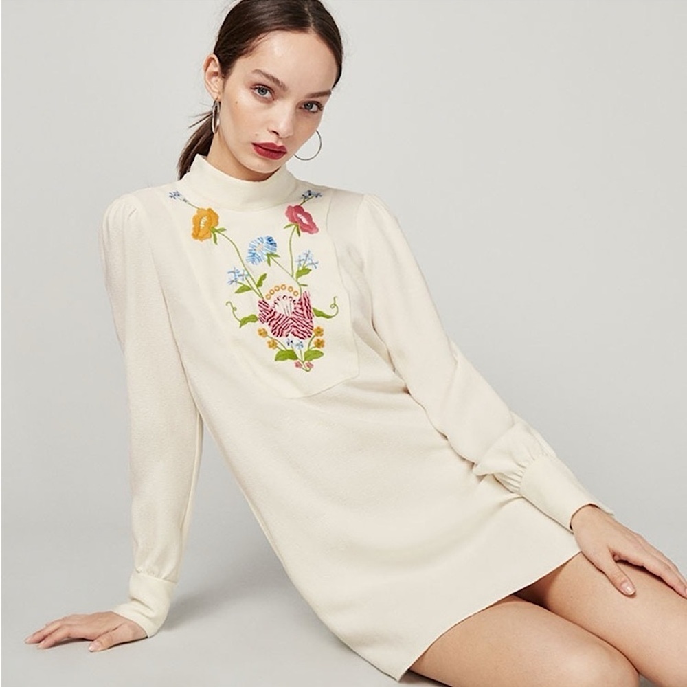 REFORMATION Rare 70s Floral Embroidered Puff Long Sleeve High Neck Mini Dress XS